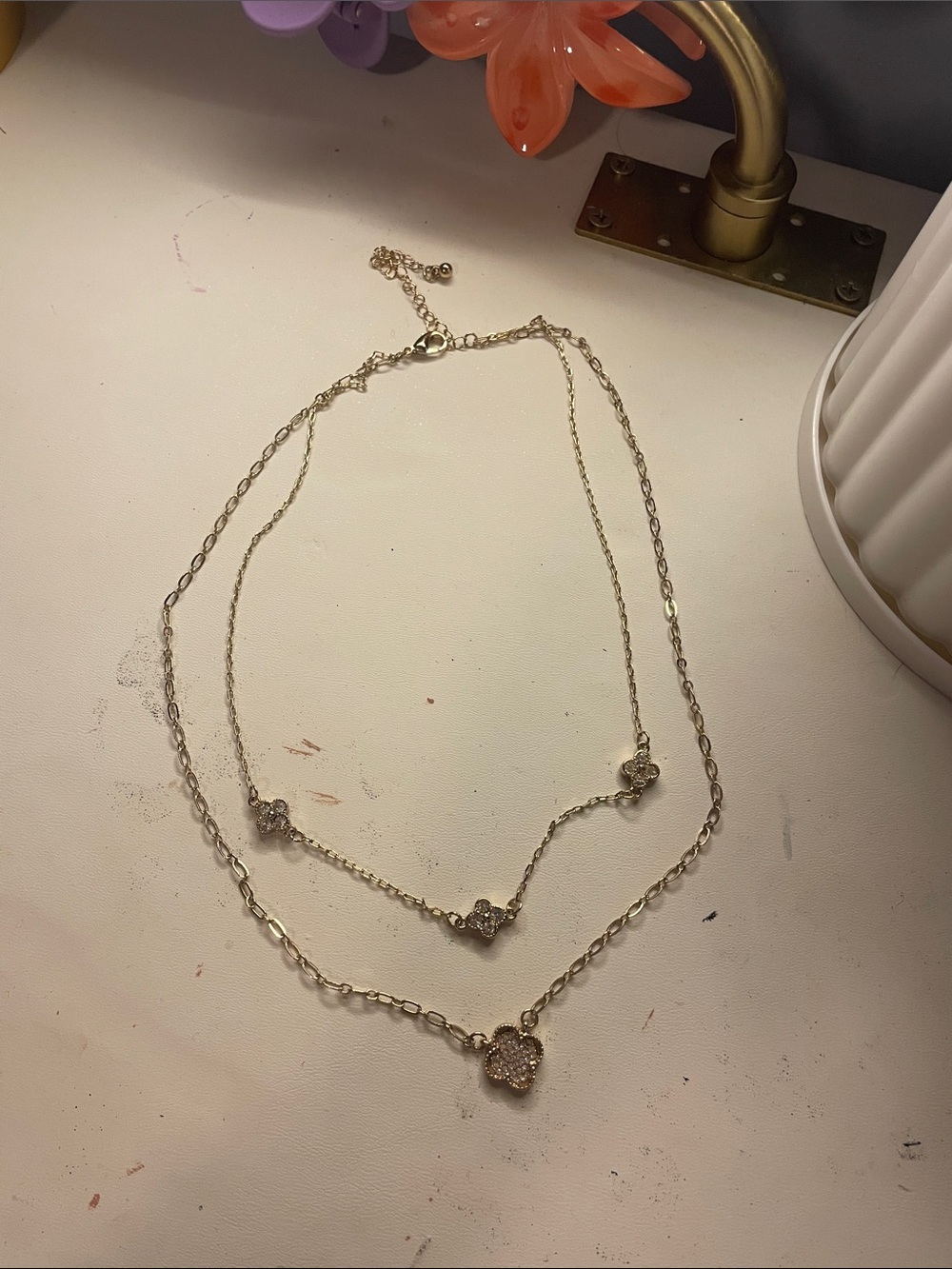 Off brand clover/flower silver and gold double necklace